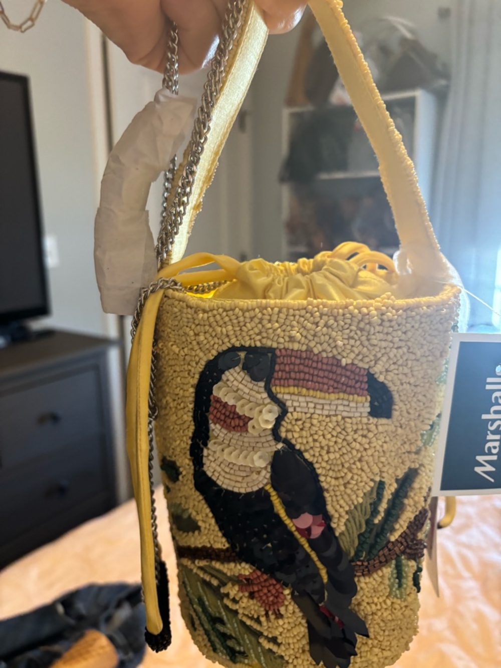 Yellow Beaded Toucan Bucket Bag - Women